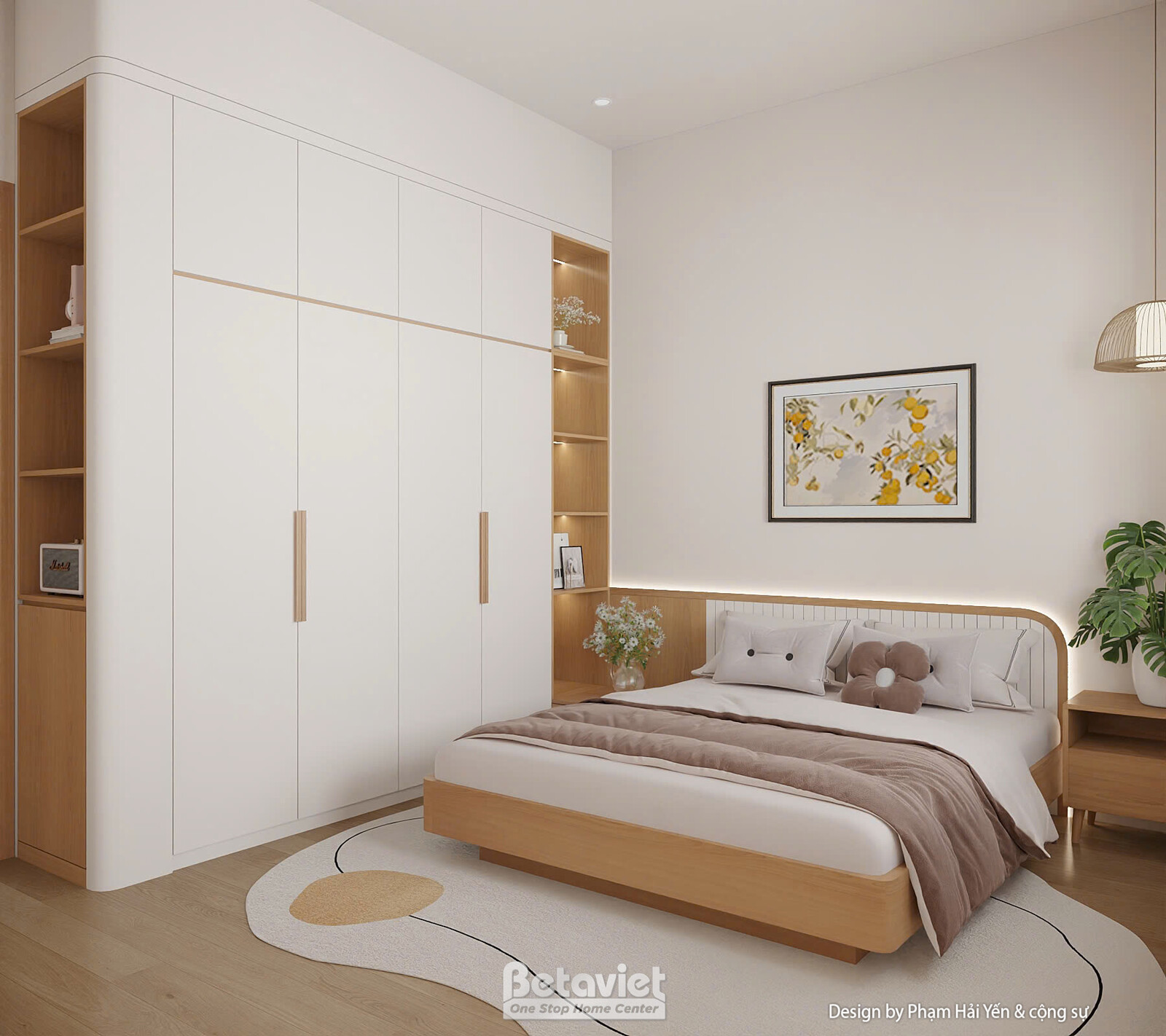 Tủ quần áo cánh gỗ - trắng kịch trần với kệ trang trí âm tường, giường đầu giường bo cong đèn LED, ga tông be - nâu, đèn t…