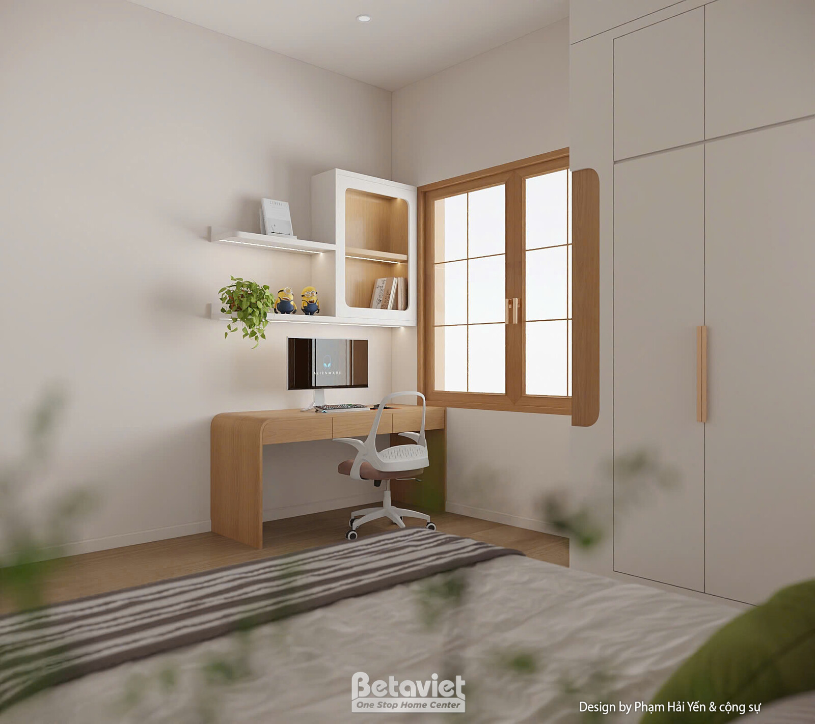 Góc bàn làm việc cạnh cửa sổ với kệ trang trí mở phía trên, ga giường kẻ sọc xanh - trắng, cửa sổ khung gỗ đón ánh sáng tự…