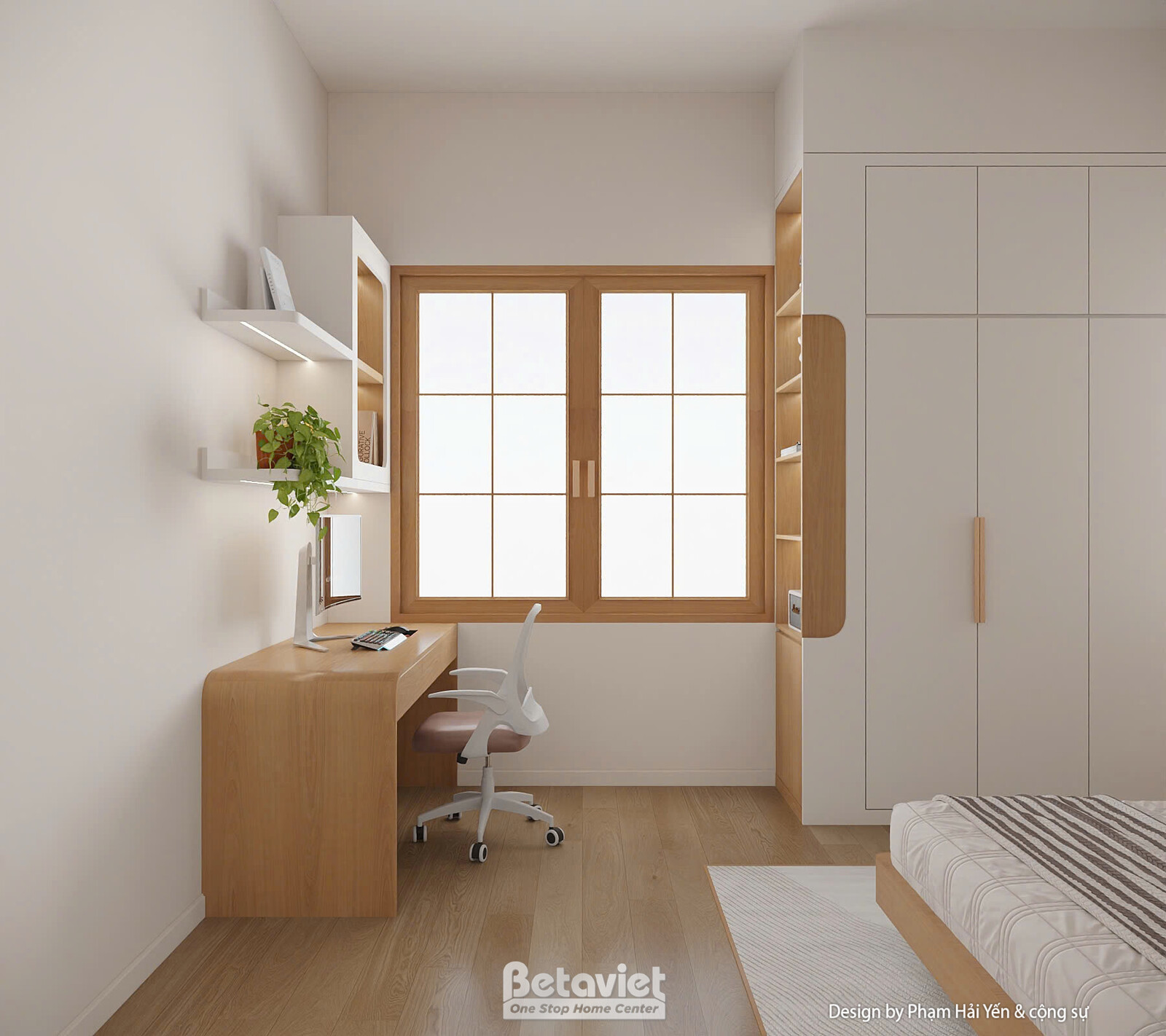 Góc bàn làm việc gỗ đặt cạnh cửa sổ, tủ quần áo phối trắng - gỗ, kệ mở trang trí phía trên, cửa sổ khung gỗ đón ánh sáng t…