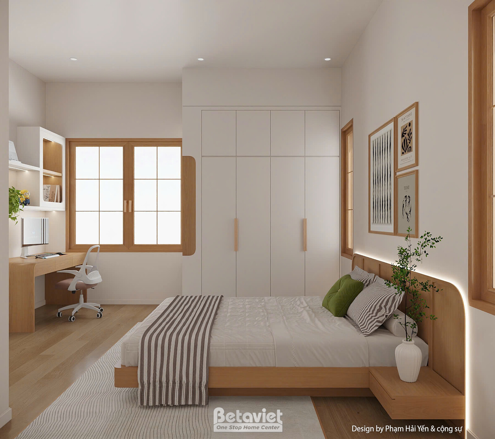 Góc phòng ngủ có bàn làm việc nhỏ gọn sát cửa sổ, giường đầu giường bo cong đèn LED, tủ quần áo trắng kịch trần, ga gối kẻ…