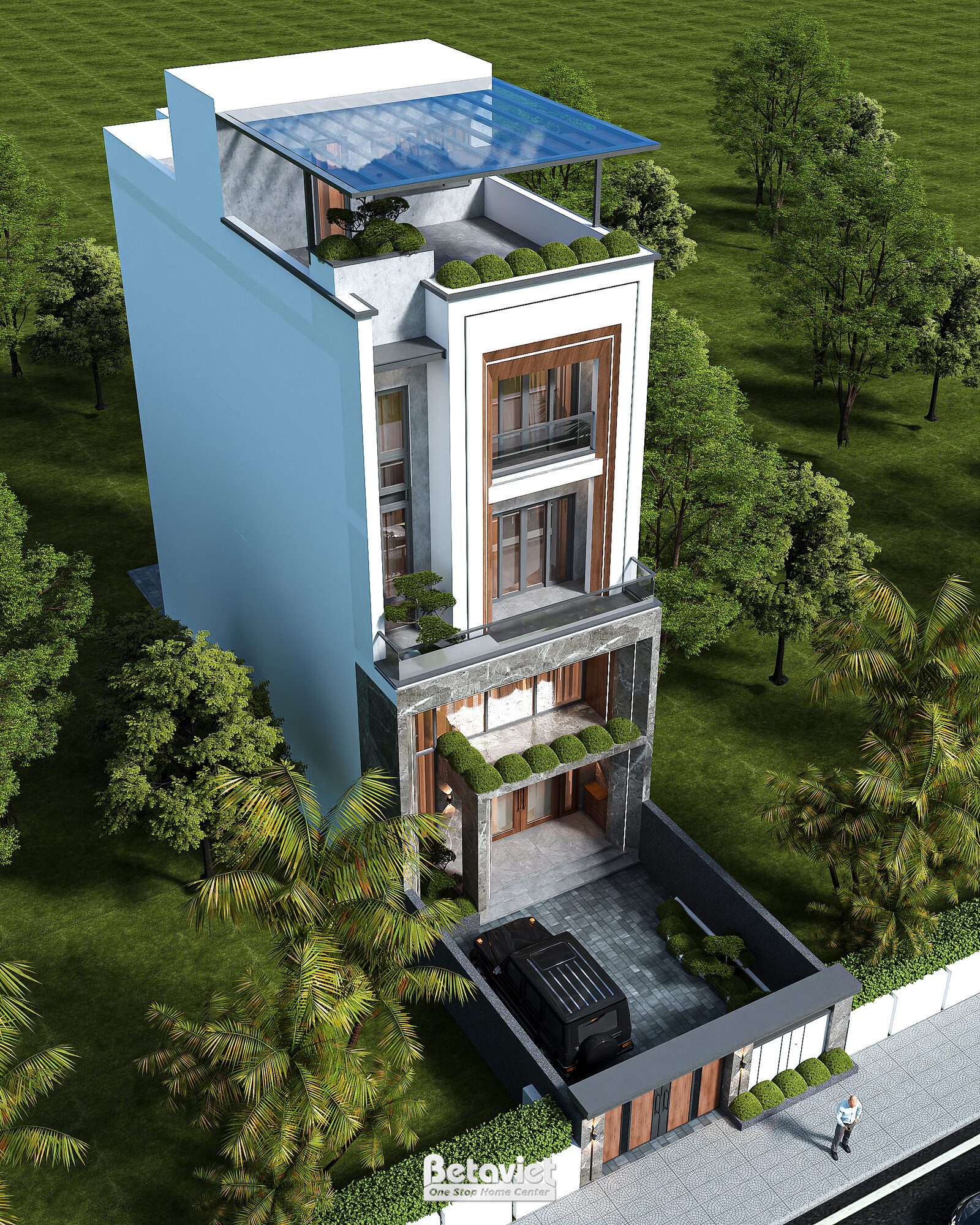 Phối cảnh 3D mặt tiền chụp góc nghiêng gần hơn, tán cây xanh rậm che một phần chân công trình. Nổi bật khung trang trí hìn…