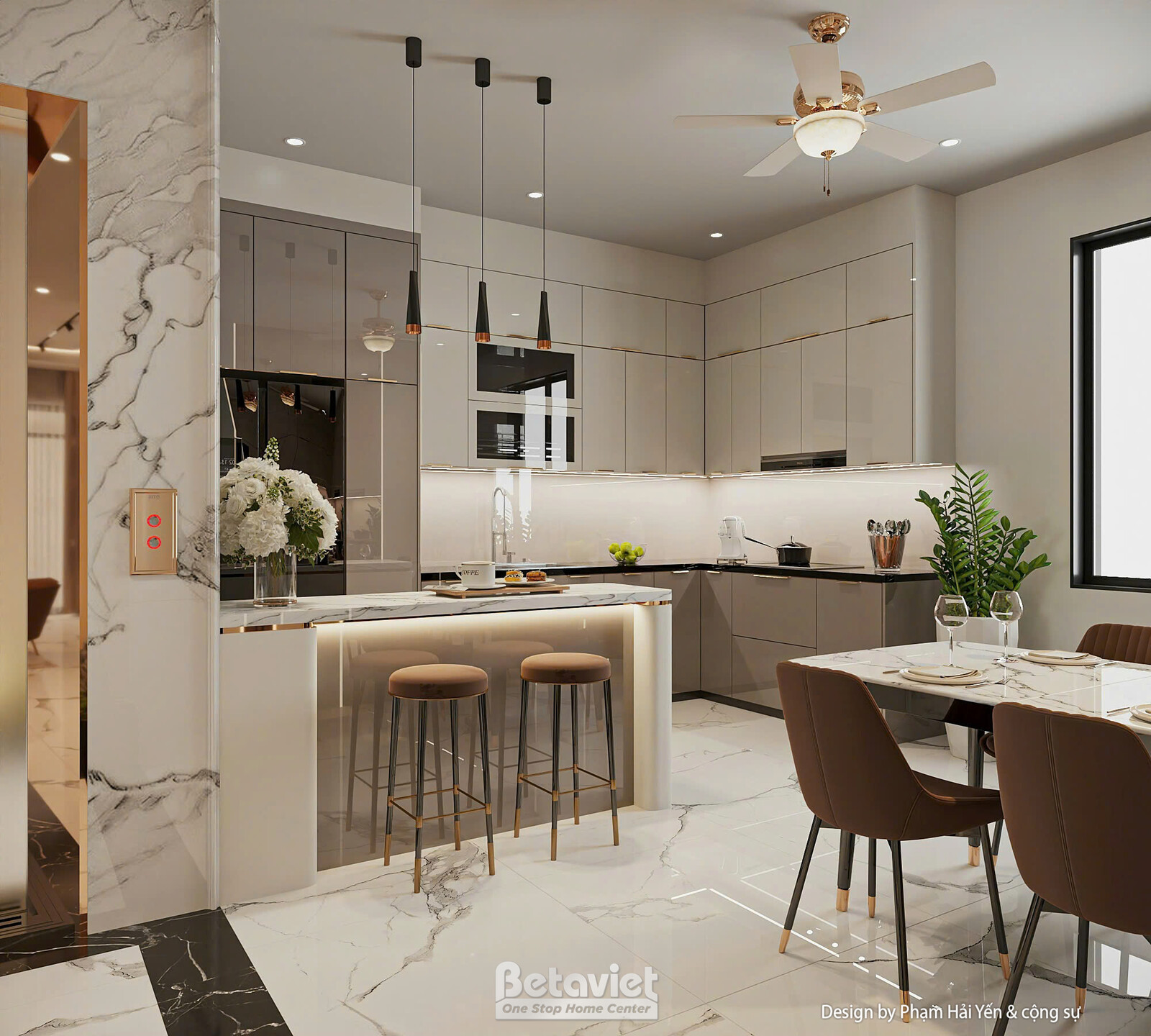 Góc bếp và bàn ăn nhìn từ phía đảo bếp, mặt đá đen tương phản tủ trắng kem, ghế bar cao, bàn ăn ghế nâu phía xa, ánh sáng…