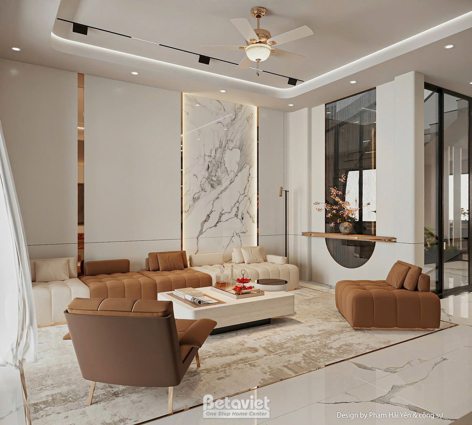 Khu vực tiếp khách với trụ ốp đá vân mây làm điểm nhấn, sofa nỉ trắng kem dáng bo tròn, ghế da nâu, gương tròn viền đồng…