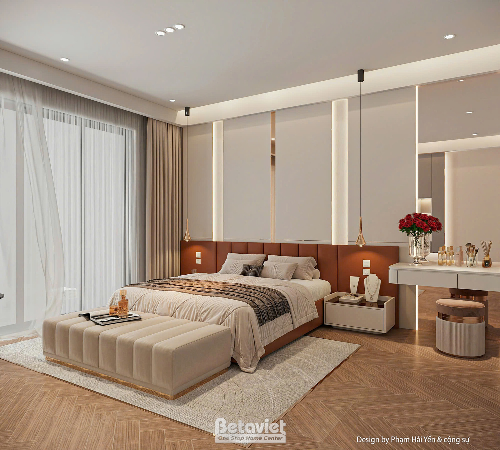 Phòng ngủ nhìn rộng với giường trung tâm đầu giường da nâu, bàn trang điểm gương viền LED và ghế nệm bên phải, cửa kính lớ…