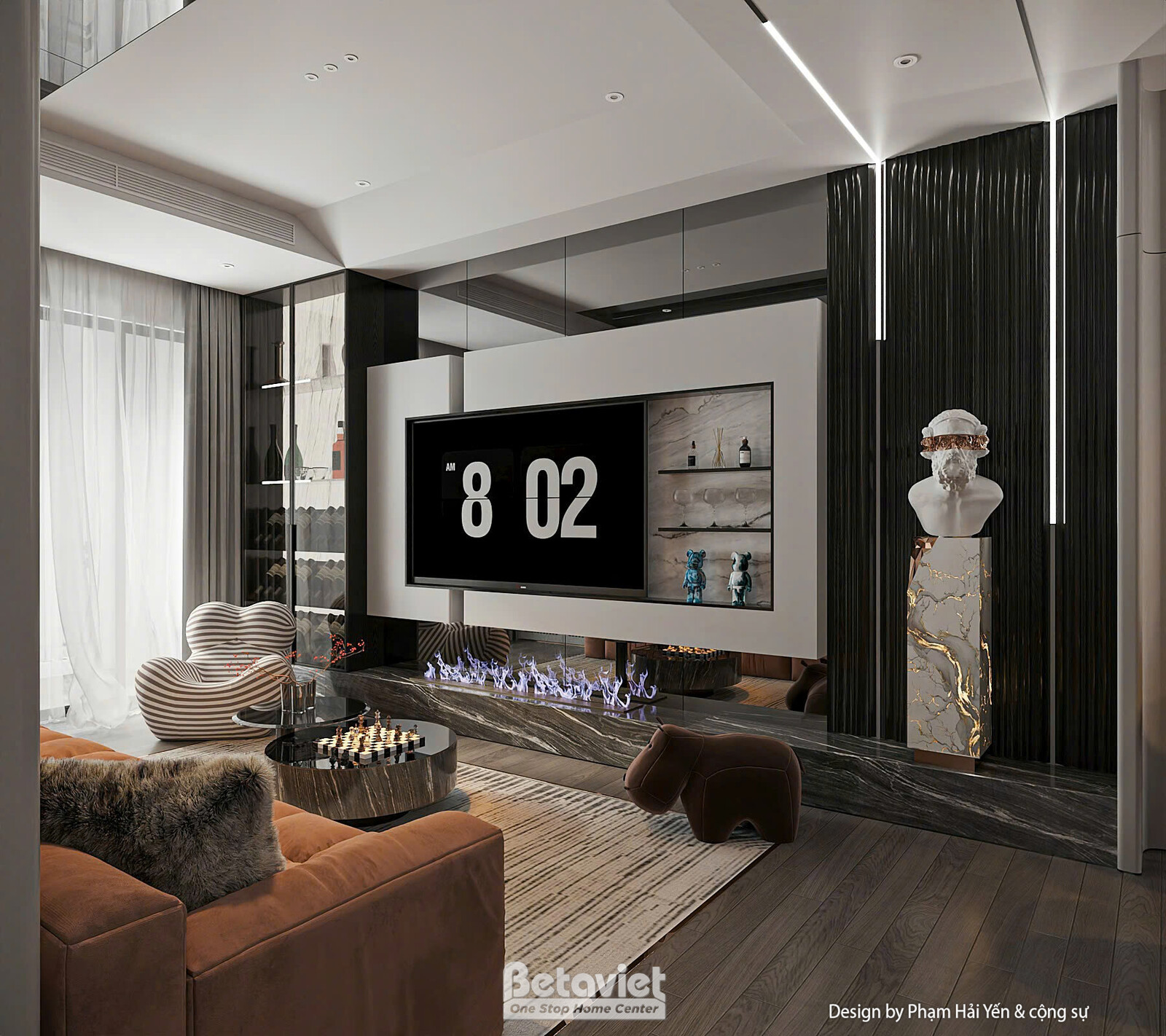 Phòng khách nhìn chéo từ phía sofa, rèm voan trắng buông dọc cửa sổ, vách tivi đá đen phía xa, ghế bành sọc kem cạnh bàn t…