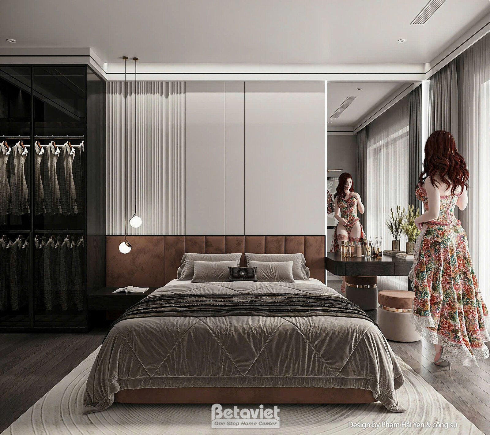 Phòng ngủ với hệ tủ mở trưng bày phụ kiện túi xách trên kệ gỗ, vách ốp gỗ vân nâu ấm, giường bọc da nâu đầu giường. Đèn th…