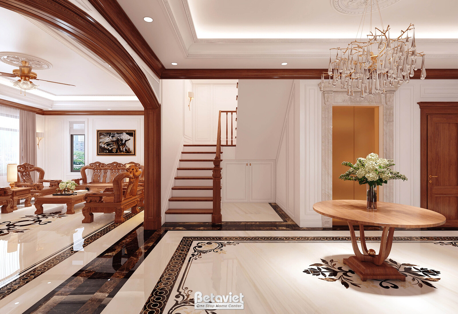 Nội thất phòng khách biệt thự truyền thống KT2009225 – góc nhìn 5