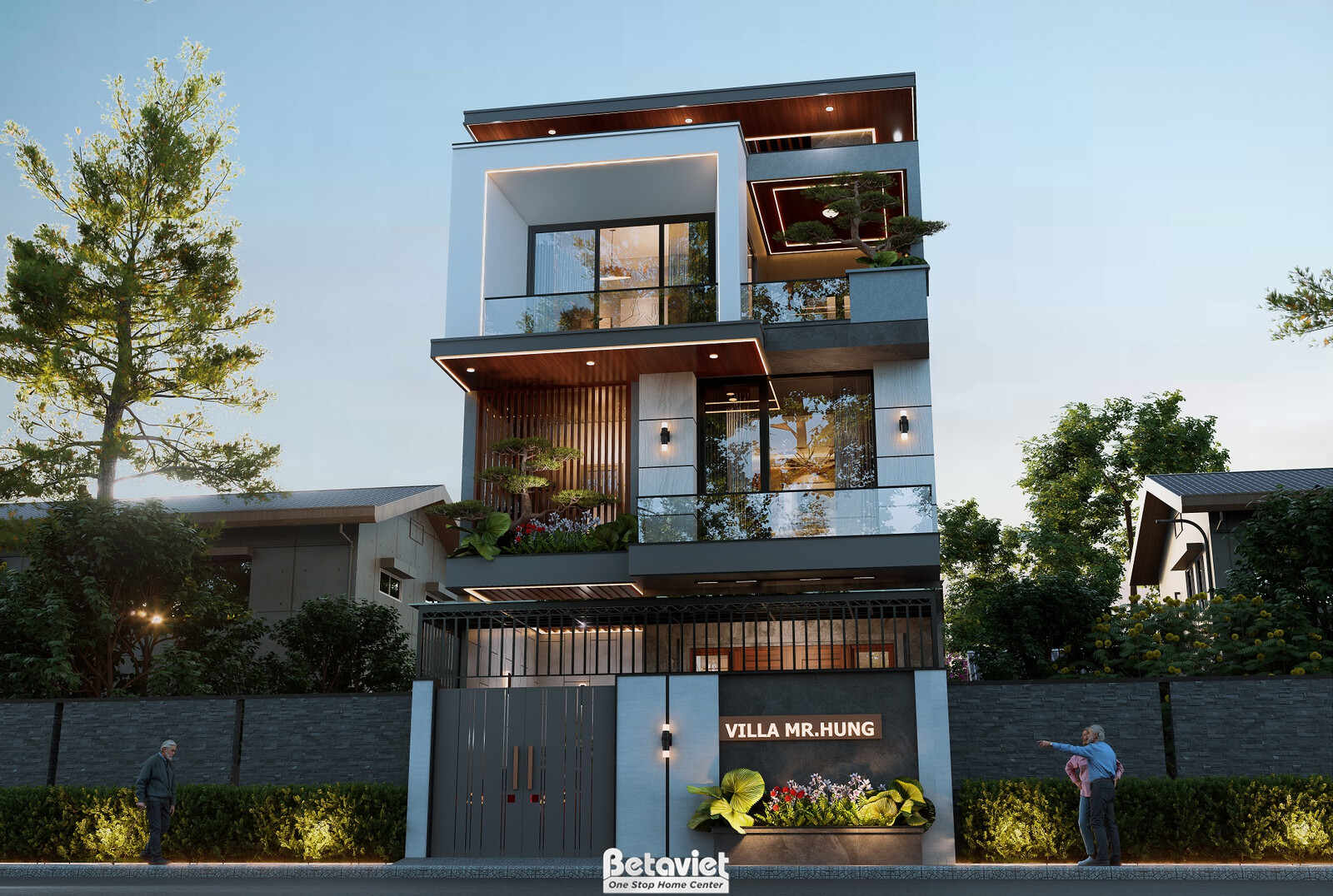 Mặt tiền tầng trệt với cổng cuốn đóng kín và biển hiệu Villa Mr.Hung, tường ốp đá kết hợp trụ cổng vững chãi, cây xanh trư…