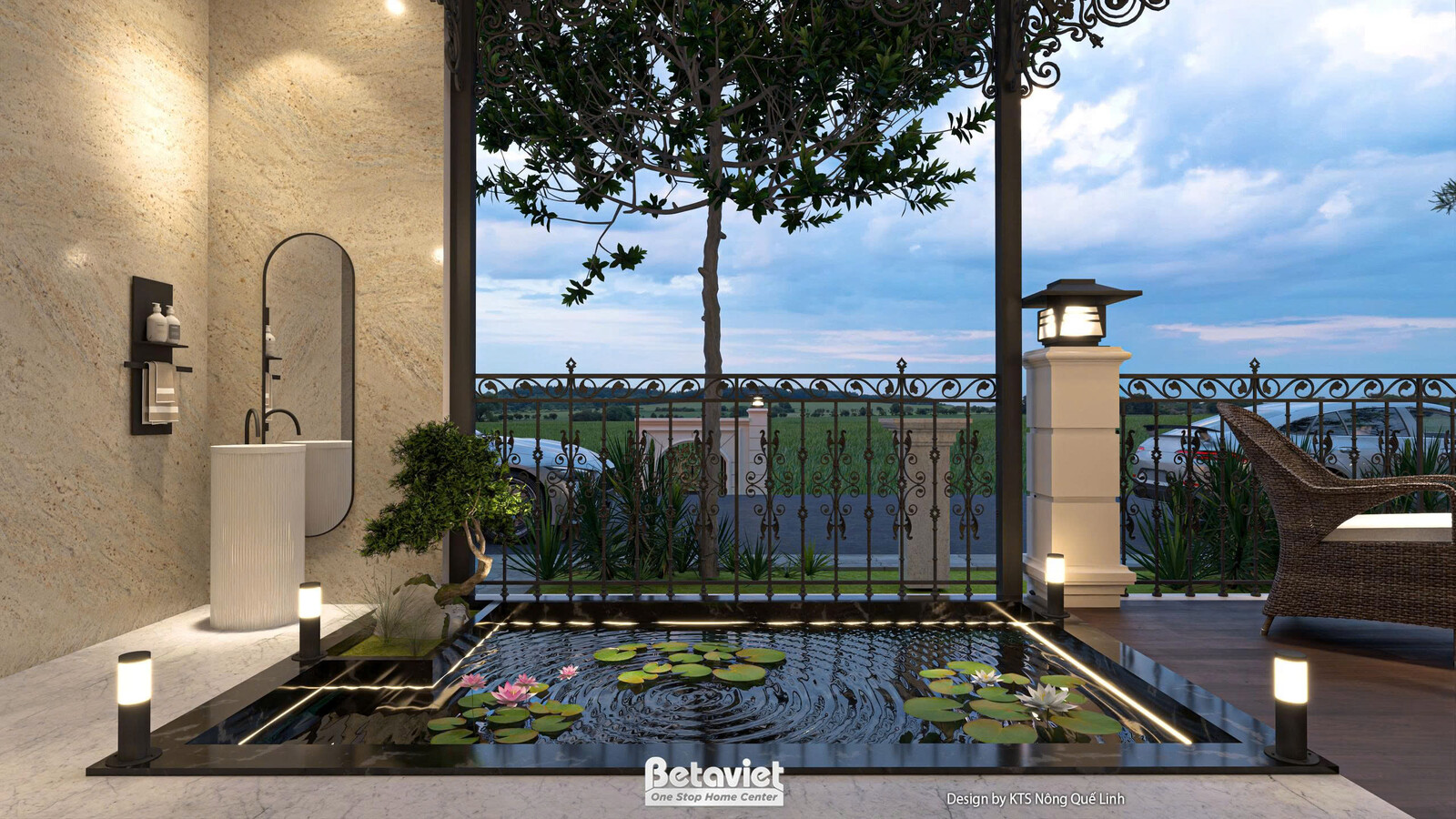 Hồ hoa súng nhìn từ góc sân trong, tường ốp đá travertine kem xám, gương oval khung đen mảnh và chậu rửa mặt trụ trắng cạn…