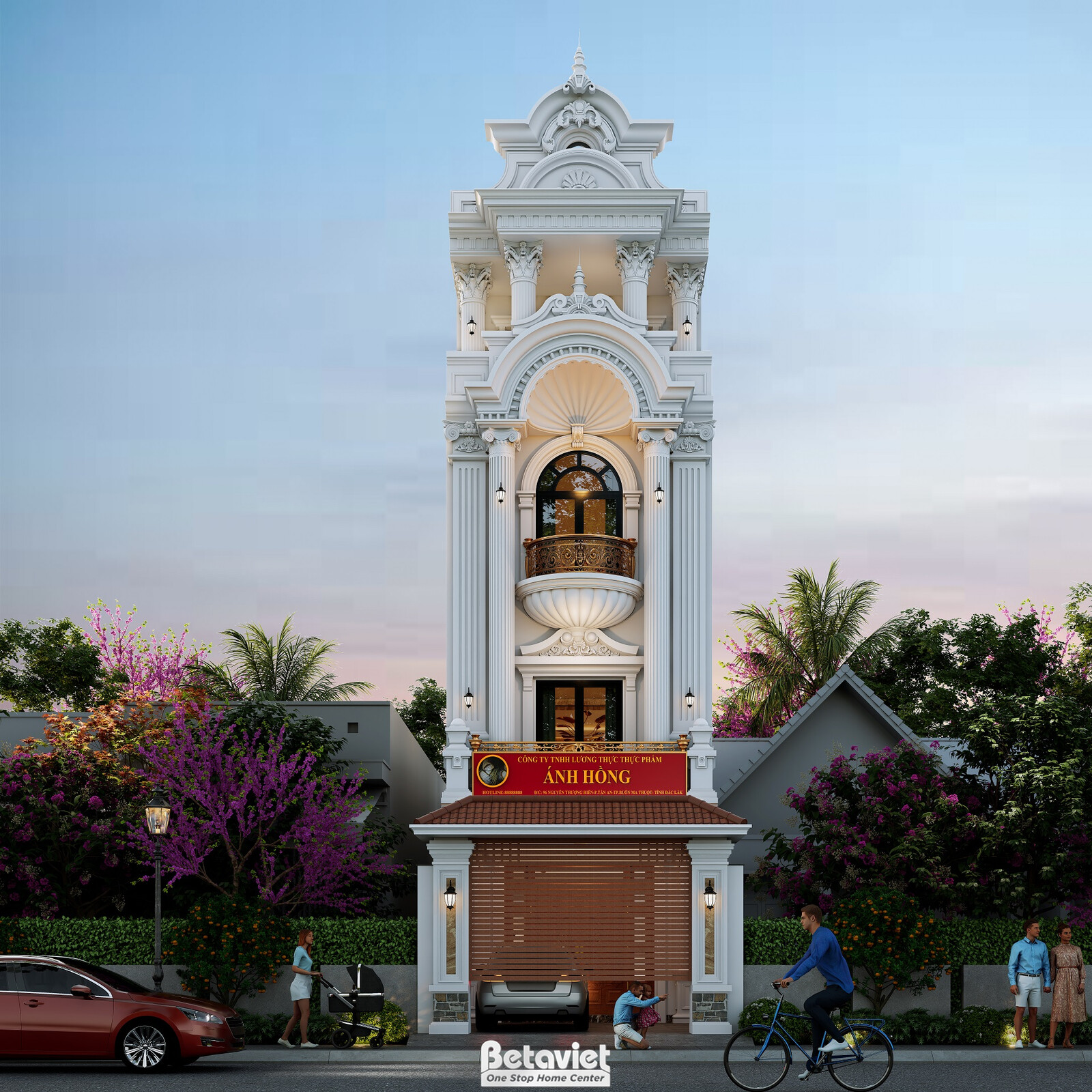 Phối cảnh chính diện toàn cảnh tuyến phố lúc hoàng hôn tím hồng, có ô tô đỗ trước nhà, người đi xe đạp và hàng cây bằng lă…