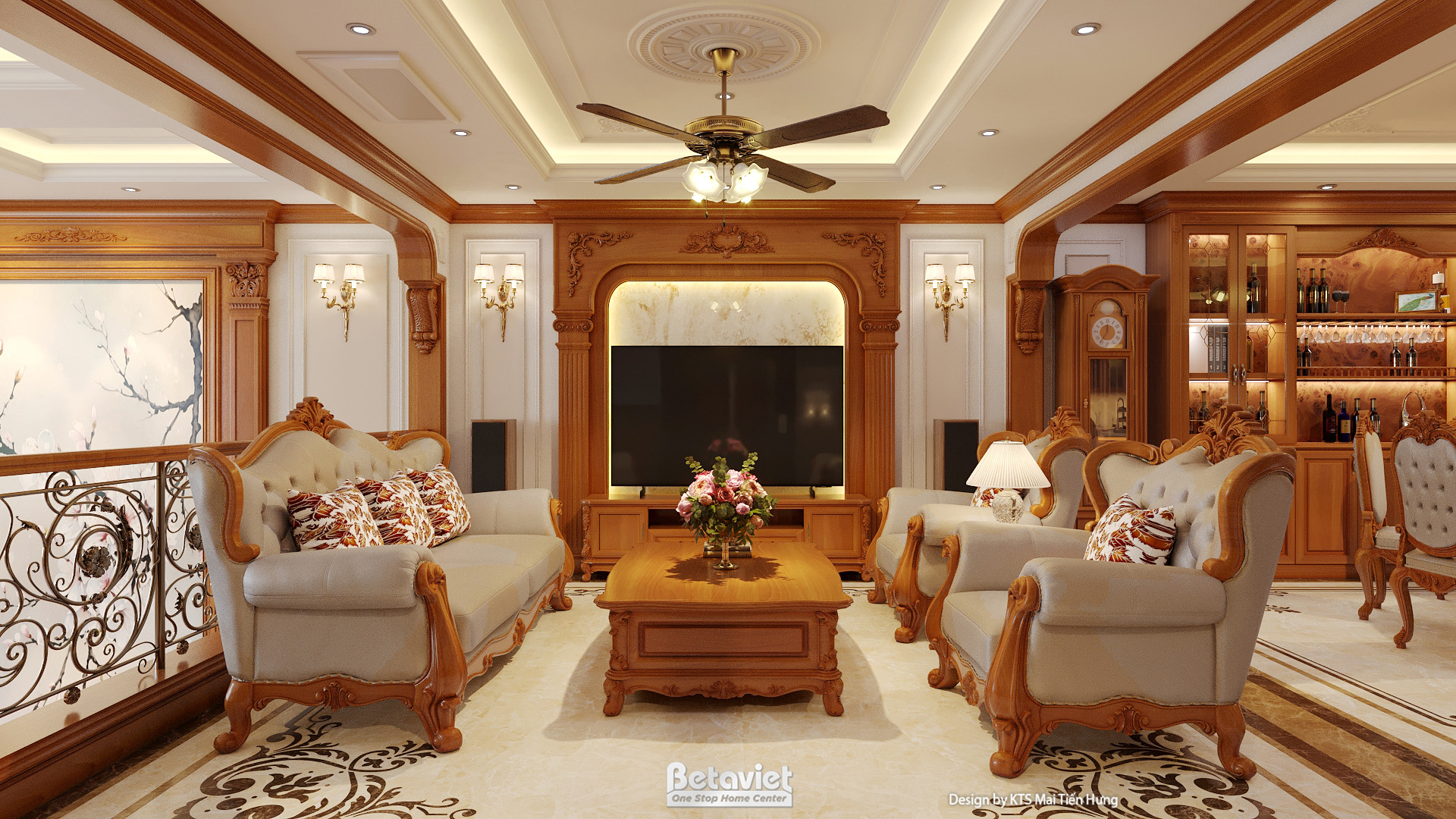 Mẫu thiết kế nội thất phòng khách bếp tân cổ điển NT2009120