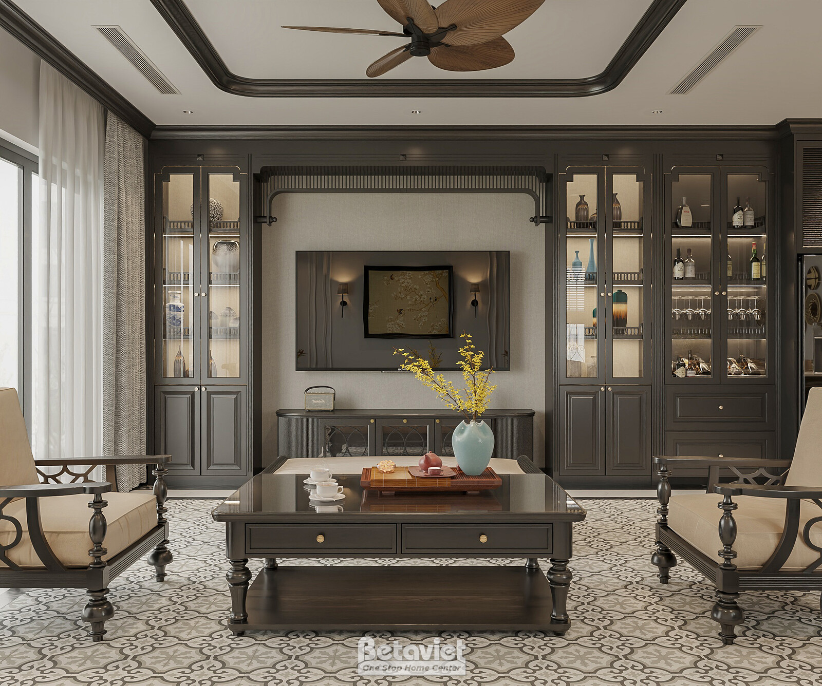 Nội thất phòng khách biệt thự Indochine NT2009329 – góc nhìn 2