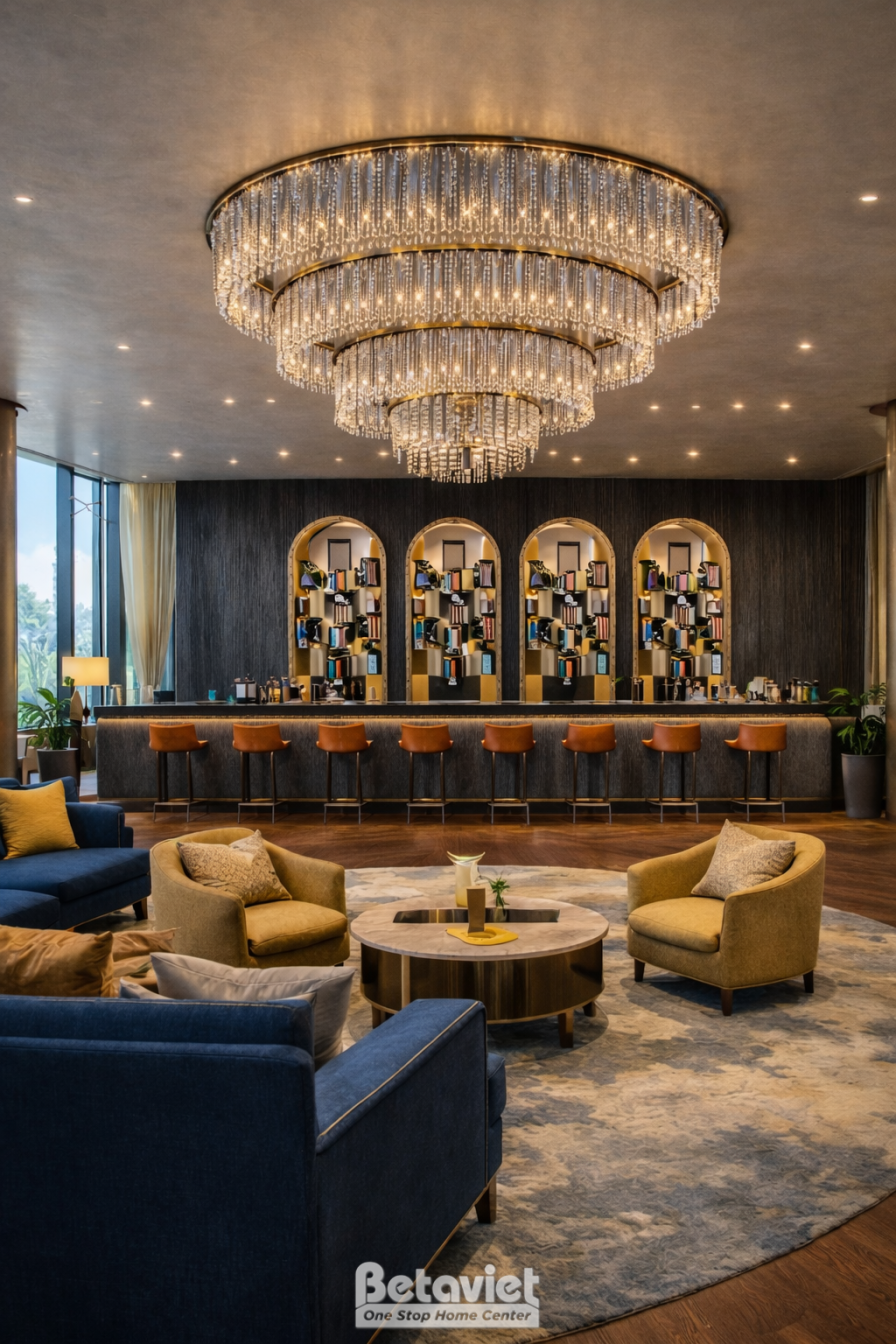 Quầy bar đêm với đèn chùm pha lê tầng lớn, kệ rượu ốp gương vòm cong phía sau, ghế sofa nhung xanh navy và vàng mustard, s…