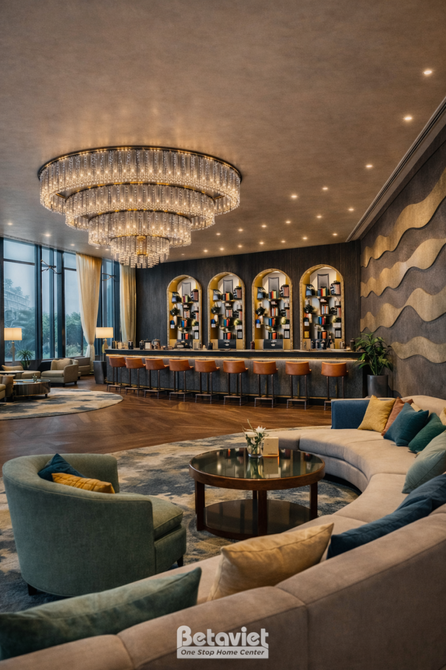 Góc lounge quầy bar ban ngày, đèn chùm pha lê nhiều tầng, sofa bọc vải xanh rêu và be xếp hình cong ôm bàn tròn trung tâm…