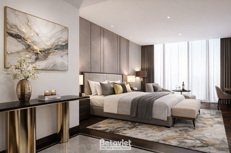 Phòng ngủ suite hiện đại luxury, giường lớn đầu giường bọc nệm xám, tranh trừu tượng vàng đen, tủ console ánh kim, cửa kín…