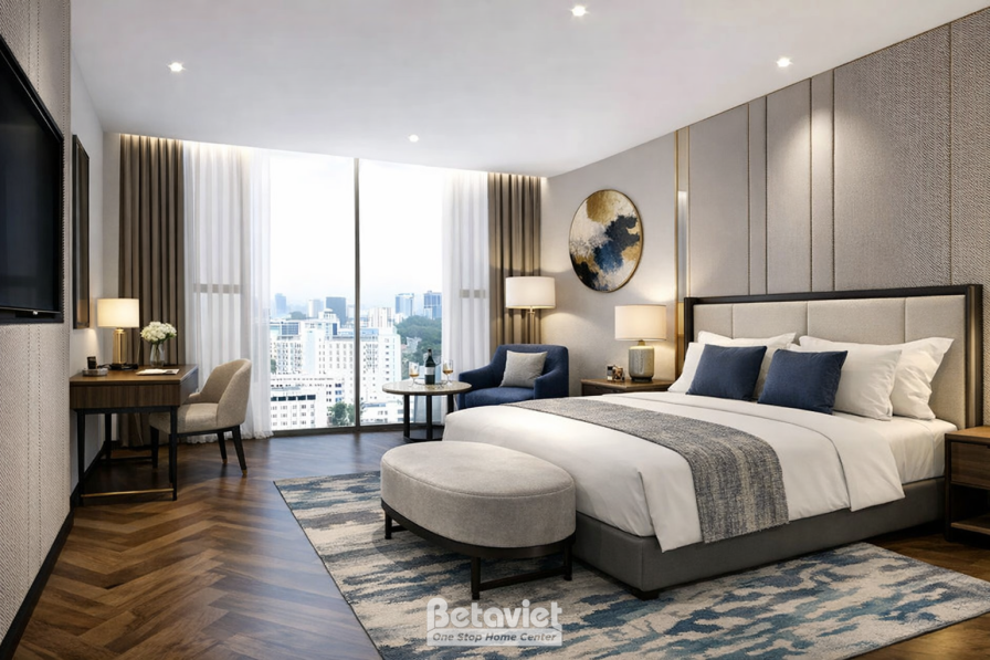 Phòng ngủ giường lớn view thành phố về đêm, đầu giường bọc nệm xám điểm tranh tròn xanh, bàn làm việc gỗ, ghế bành xanh na…