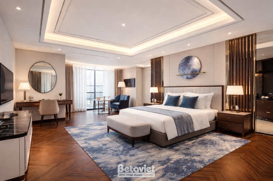Phòng ngủ tông trung tính ấm, sàn gỗ lát xương cá, đầu giường ốp gỗ điểm tranh tròn trang trí, bàn trang điểm gương tròn…