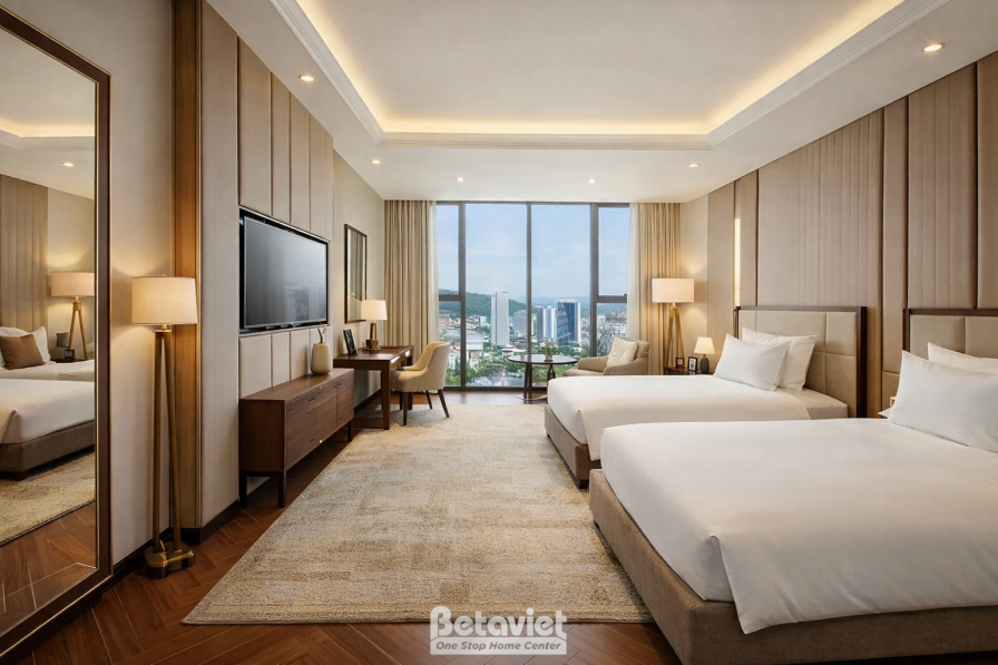 Phòng ngủ hai giường đơn, đầu giường ốp gỗ nâu, tivi treo tường, bàn làm việc góc phòng, cửa kính lớn view thành phố, gươn…