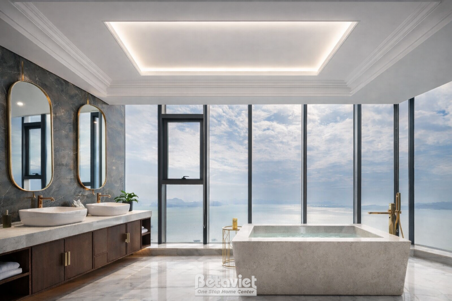 Phòng tắm với hai bồn rửa đá trắng vân đặt trên kệ dài, vách kính lớn nhìn ra biển mây trời, bồn tắm oval trắng đặt giữa p…
