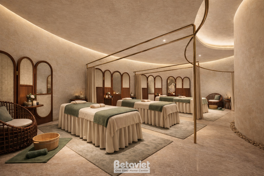 Phòng massage đôi tại spa, giường nằm phủ khăn nâu be, vách cong ốp gỗ với vòm cửa kiểu Á Đông, đèn thả tròn nhỏ, sàn trải…