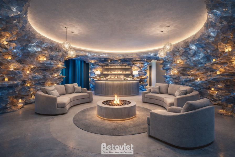 Không gian lounge chủ đề đá thạch anh xanh phát sáng ốp trọn tường, quầy bar trung tâm, sofa tròn bao quanh bàn lửa, đèn c…