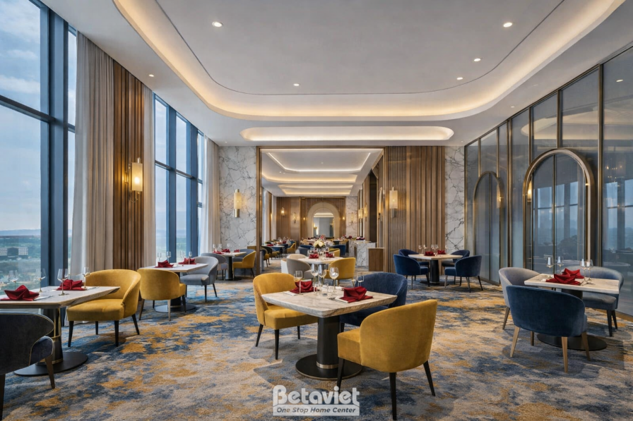 Nhà hàng fine dining, bàn tròn khăn trắng ghế bọc vàng mustard và xanh navy, cửa kính lớn toàn cảnh thành phố, sàn đá hoạ…