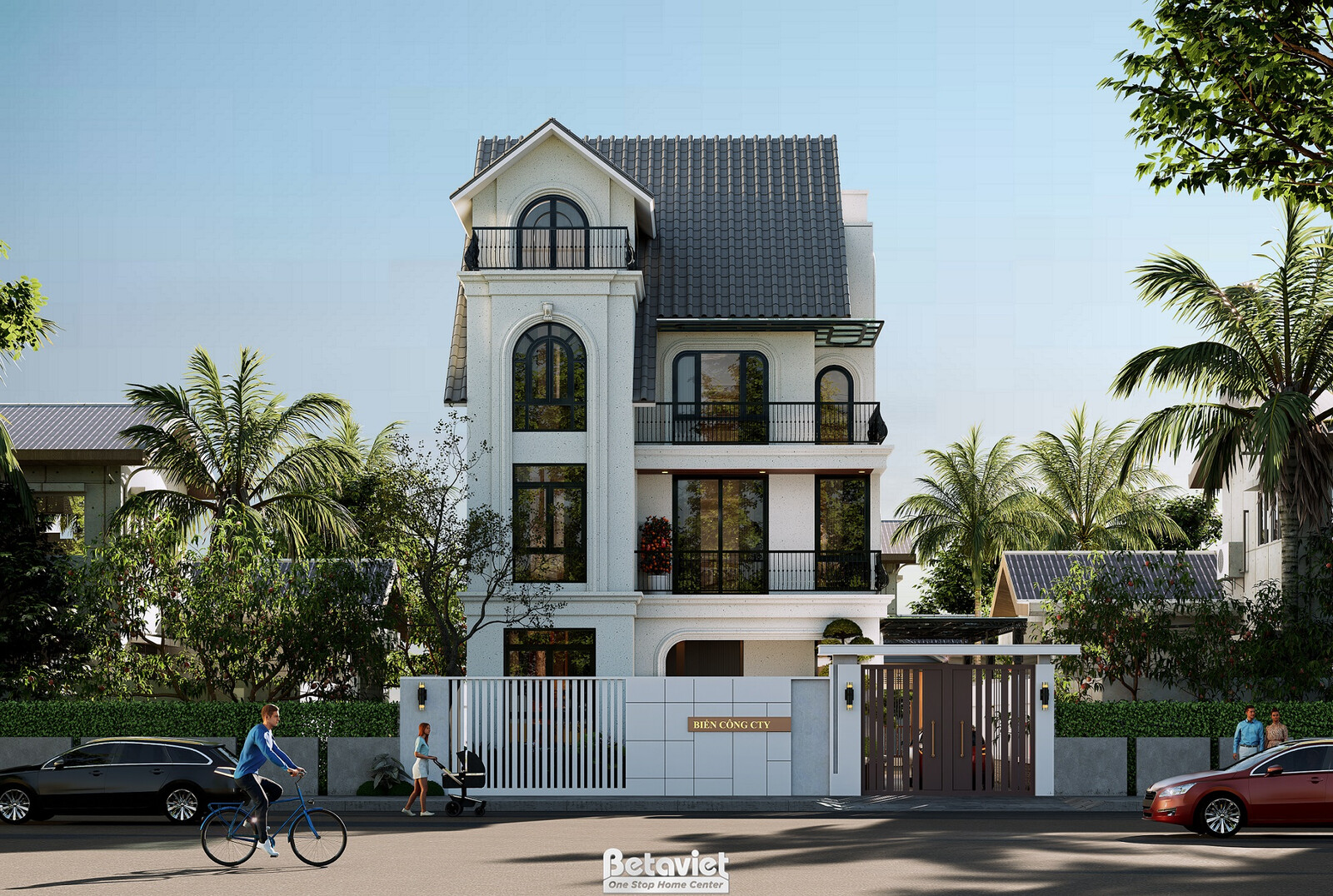 Góc chính diện công trình từ phía đường, nhấn nhịp cửa sổ vòm bán nguyệt dọc khối tháp ba tầng, tường trắng phản xạ ánh sá…