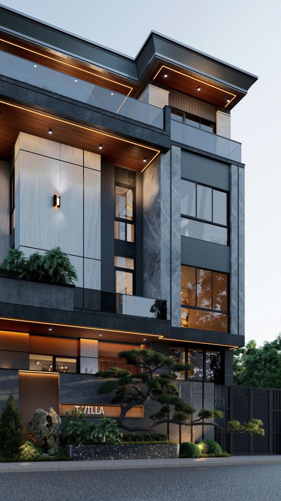Mặt tiền chính diện cận cảnh lúc hoàng hôn, trần hắt gỗ đèn LED dải ấm áp tại sảnh vào, đá ốp vân mây xám-trắng tầng trệt…