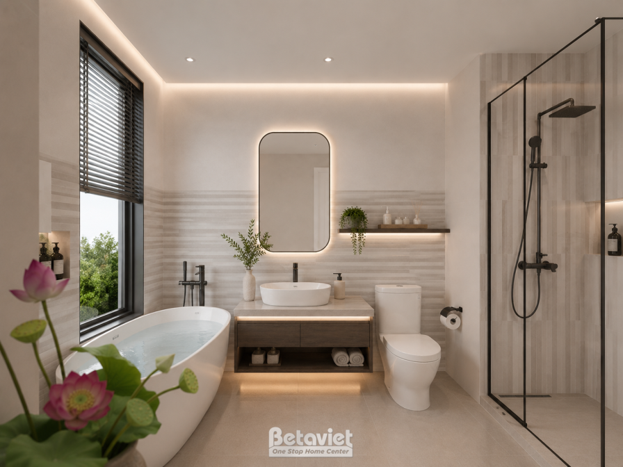 Phòng tắm có bồn tắm dáng oval đặt cạnh cửa sổ lớn, vách kính ngăn khu vòi sen riêng biệt, bàn đá lavabo gỗ nâu, hoa sen t…