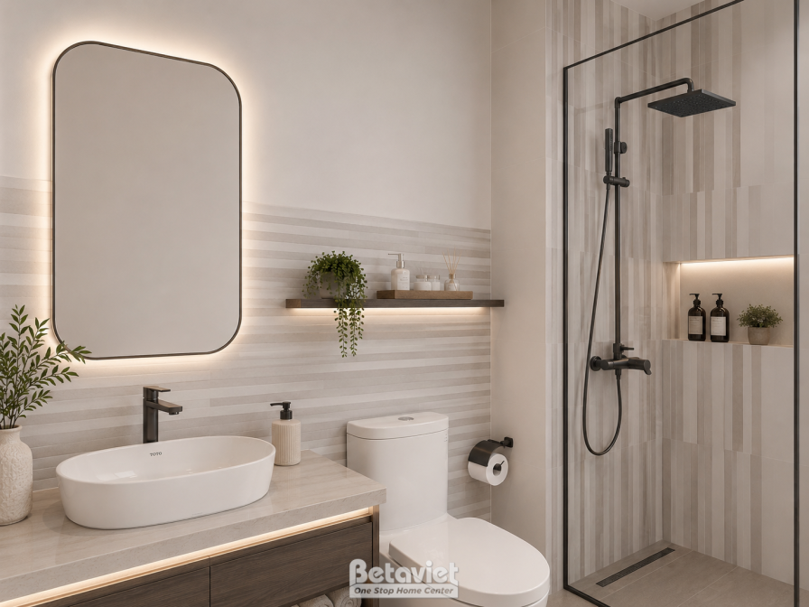 Phòng tắm với bồn rửa hình oval đặt trên mặt đá, gương bo tròn viền đen, vách kính ngăn khu tắm đứng vòi sen âm tường, gạc…