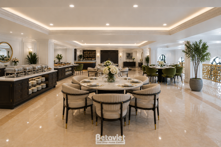 Khu vực nhà hàng buffet sáng sớm, quầy bếp gỗ tối màu bày rượu vang và ly thủy tinh, bàn tròn phủ khăn trắng bao quanh. Tr…