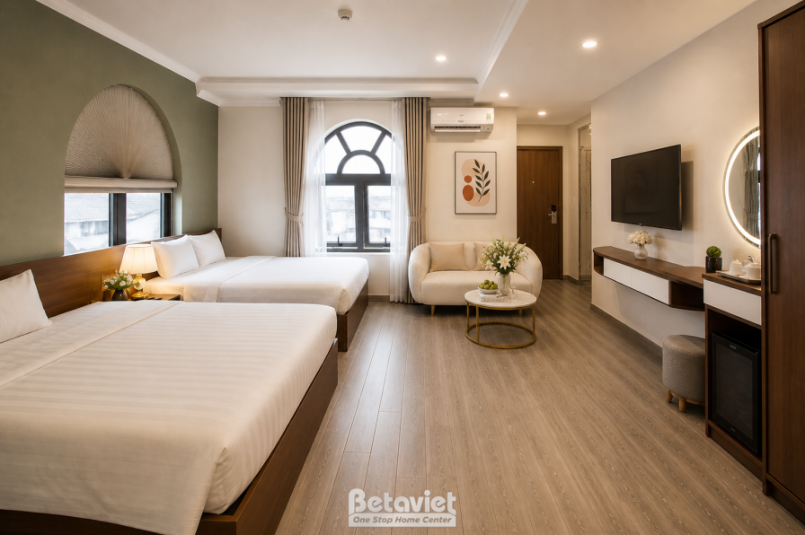 Phòng ngủ tường xanh rêu, cửa sổ vòm cổ điển, giường lớn ga trắng kết hợp sofa tròn kem góc phòng. Kệ tivi gỗ liền quầy mi…
