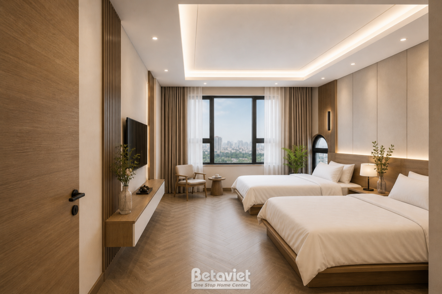 Phòng ngủ với cửa sổ lớn nhìn ra toàn cảnh thành phố, sofa đơn kê góc cùng bàn trà tròn nhỏ. Hai giường đệm trắng, tivi tr…