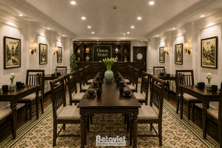 Không gian phòng ăn nhìn về quầy bar gỗ trang trí chữ Orson Hotel cùng tủ kính trưng bày, bàn dài kê giữa phòng với ghế tự…