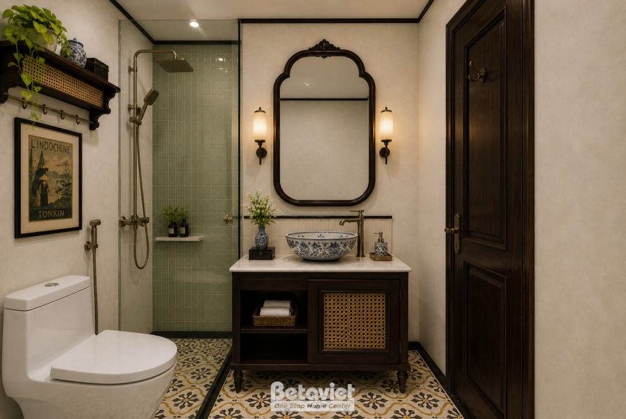 Phòng tắm ốp gạch mosaic xanh rêu khu vực vòi sen kính cường lực, bàn đá lavabo đặt trên tủ gỗ nâu trầm ốp mây đan, gương…