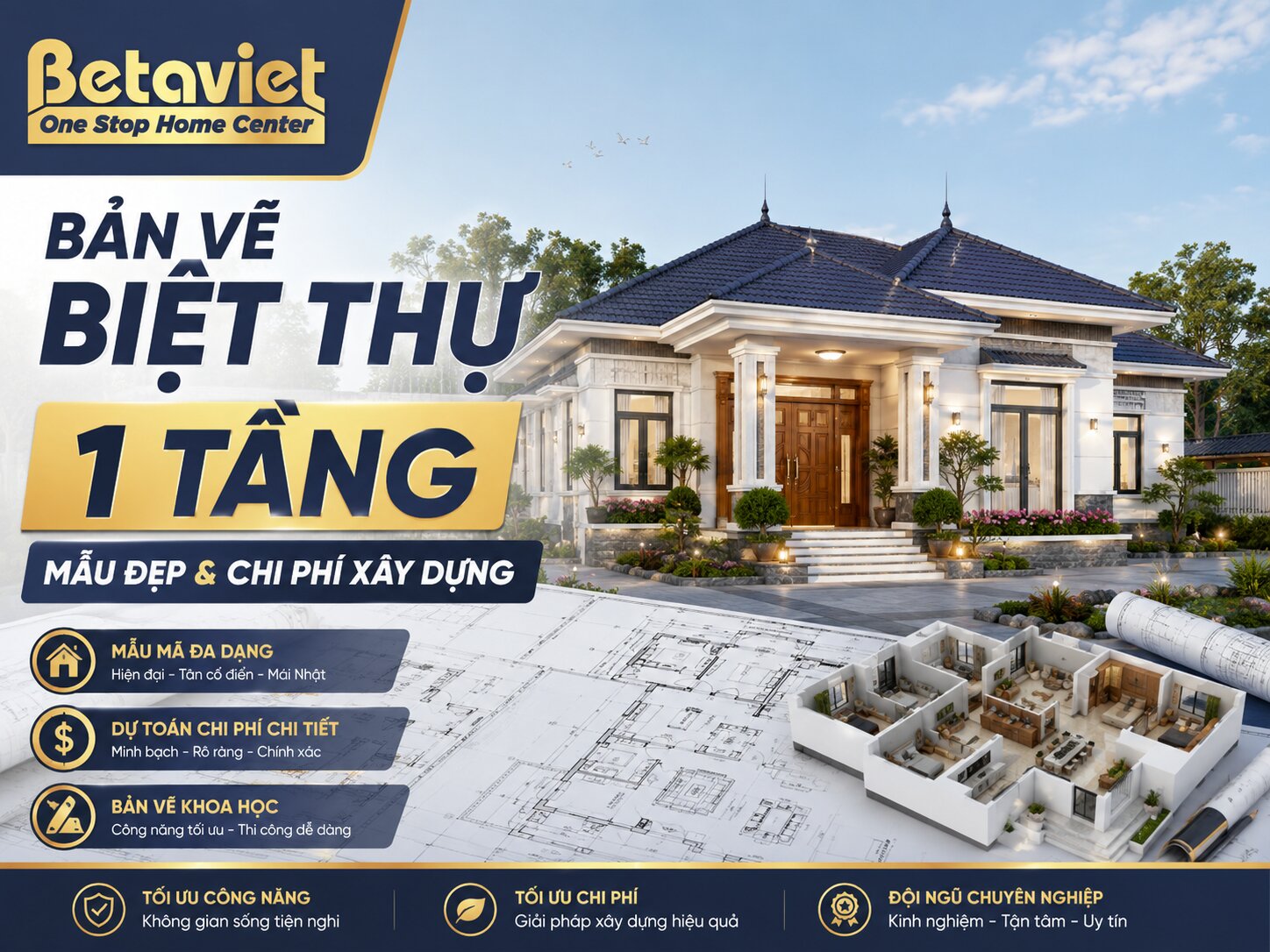 Bản Vẽ Biệt Thự 1 Tầng: Mẫu Đẹp & Chi Phí Xây Dựng 2026