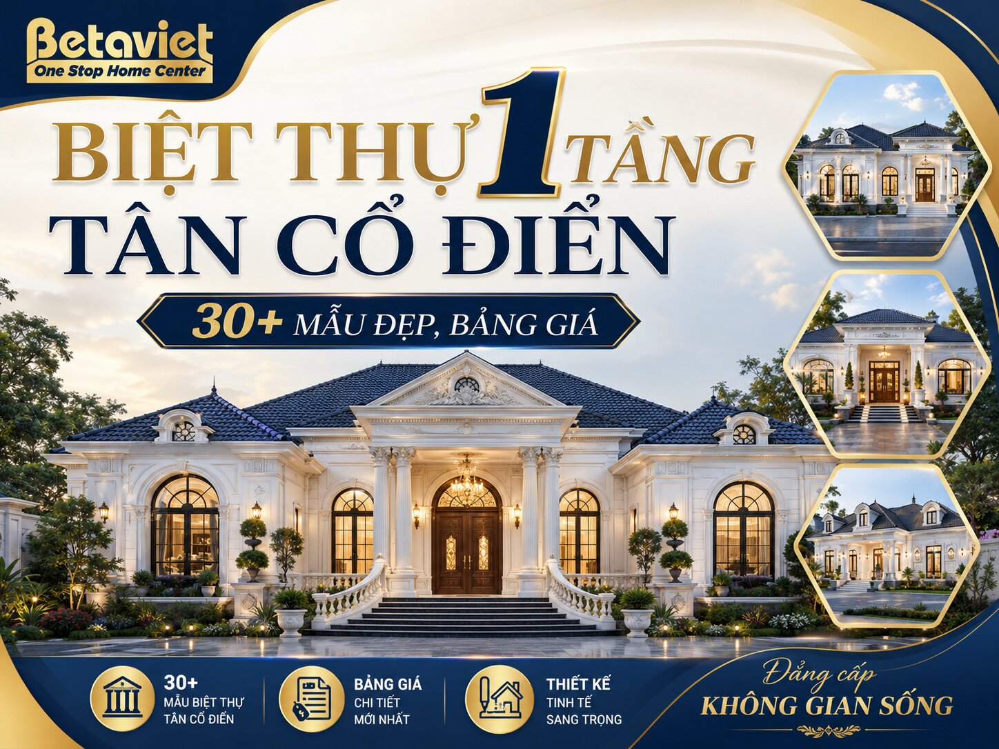 Biệt Thự 1 Tầng Tân Cổ Điển: 30+ Mẫu Đẹp, Bảng Giá 2026