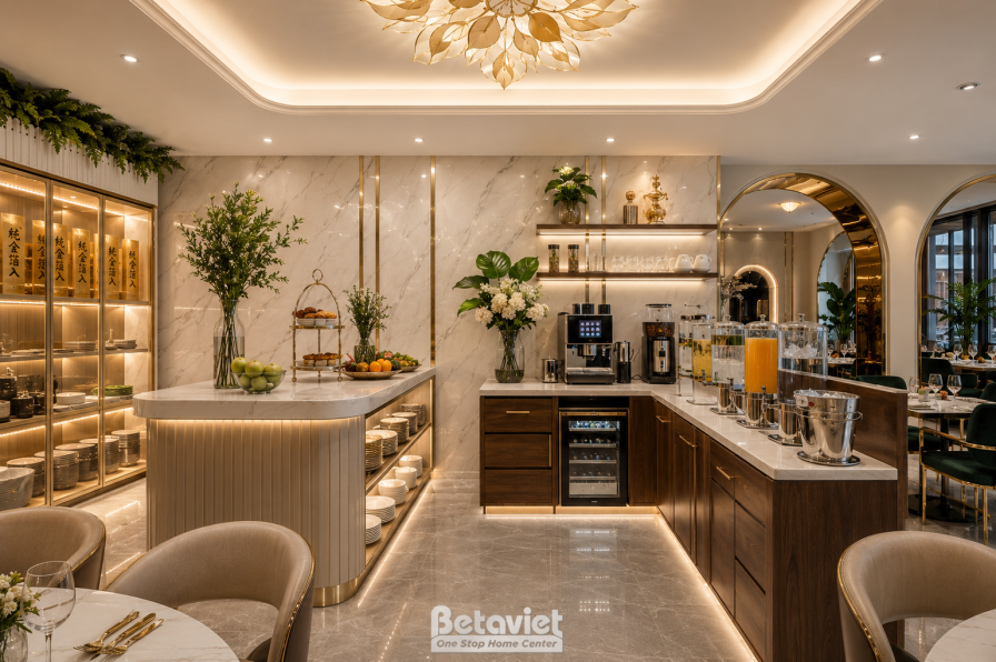 Quầy bar buffet với tủ gỗ tự nhiên kết hợp mặt đá marble, bình đựng đồ uống, khung vòm gương viền vàng phía sau, đèn chùm…