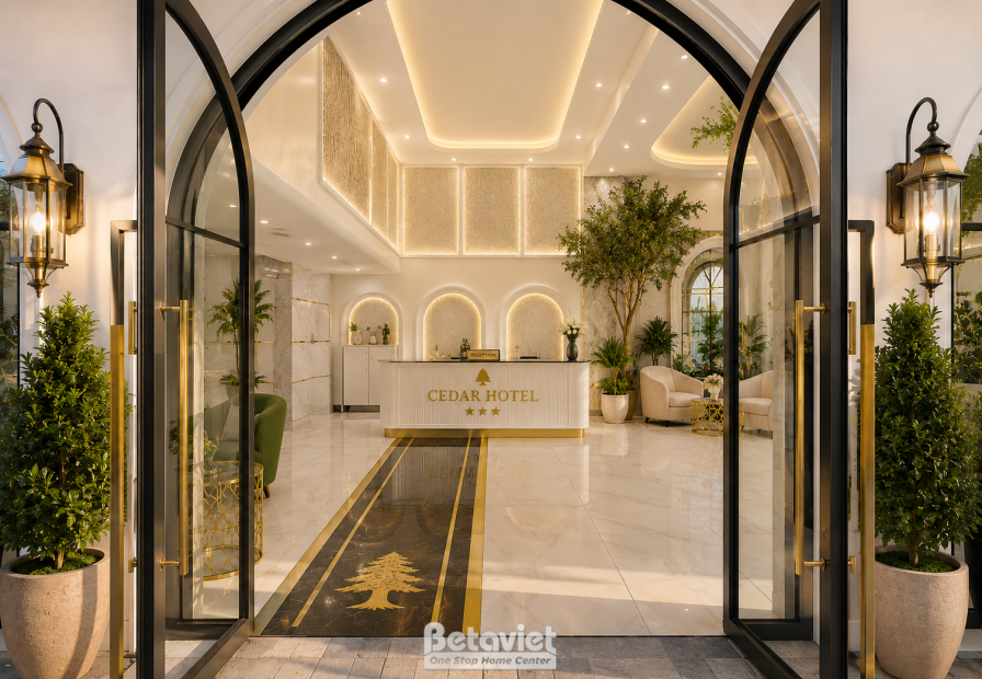 Lối vào sảnh chính với cửa kính khung thép đen dạng vòm mở rộng, sàn đá marble kẻ thảm viền vàng in logo, đèn tường hai bê…