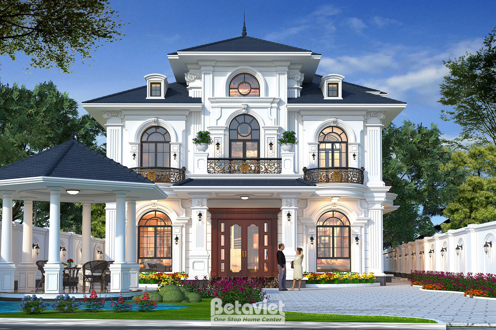Góc sân bên phải với gazebo mái vòm đỡ bởi hàng cột tròn tân cổ điển, cửa chính gỗ tự nhiên màu nâu đỏ, lối đi lát đá dẫn…