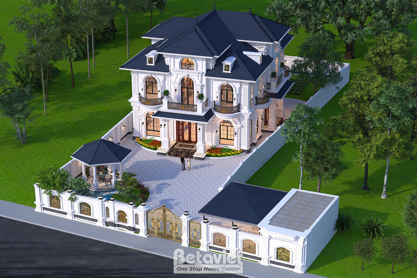 Phối cảnh tổng thể chụp từ trên cao ban ngày, bao quát toàn bộ khuôn viên gồm nhà chính, gazebo, cổng chính mạ vàng, tường…