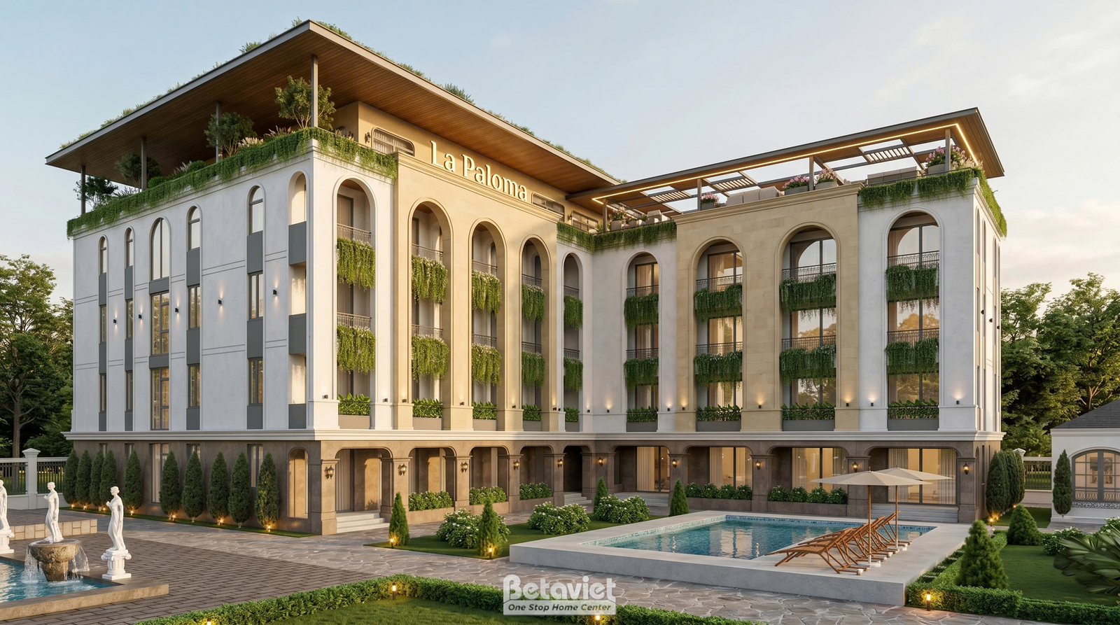 Góc nhìn tổng thể sân vườn với tượng điêu khắc trắng và đài phun nước, hồ bơi xanh trải dài phía trước toà nhà, viền cây b…