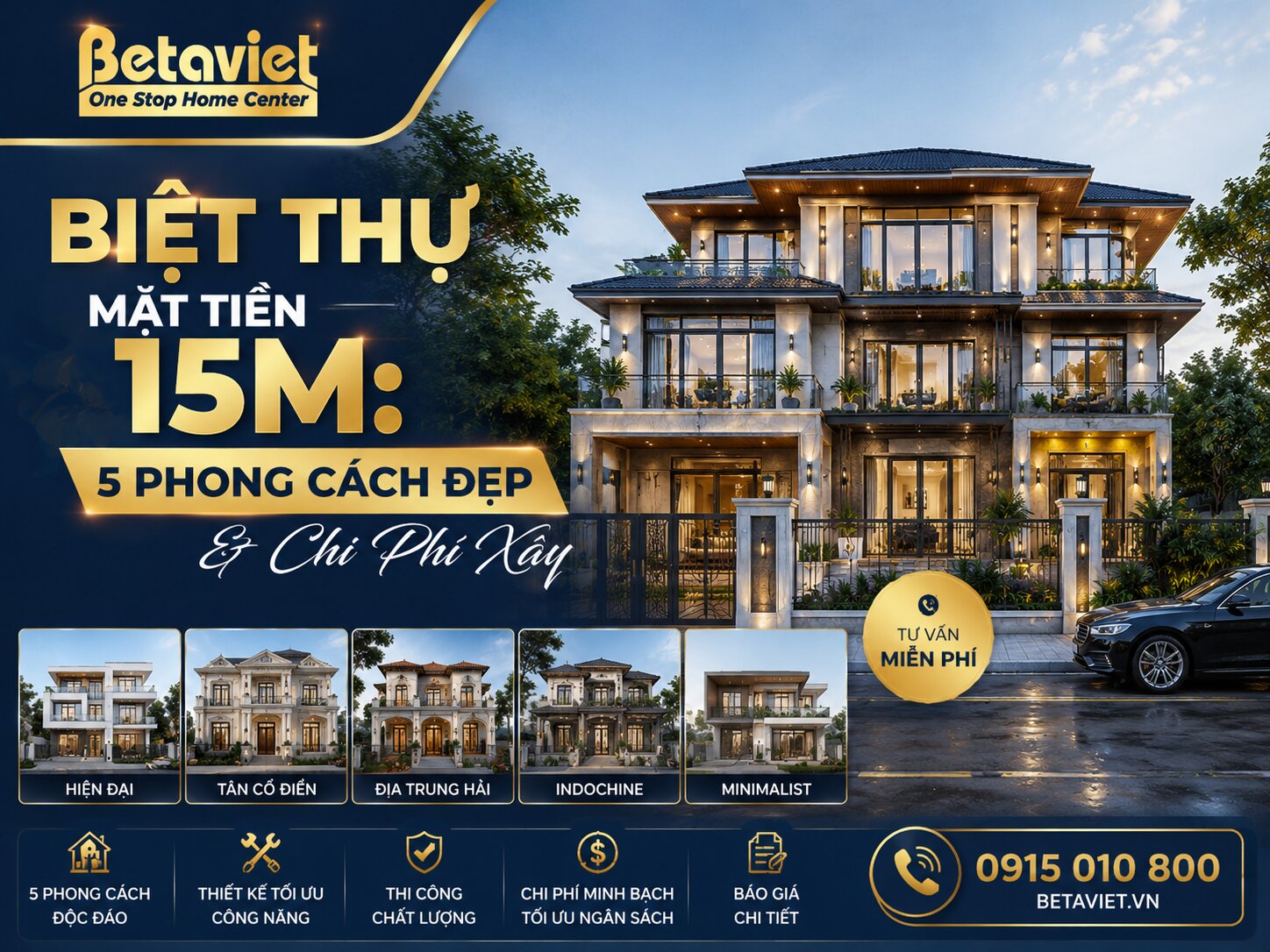 Biệt Thự Mặt Tiền 15m: 5 Phong Cách Đẹp & Chi Phí Xây 2026