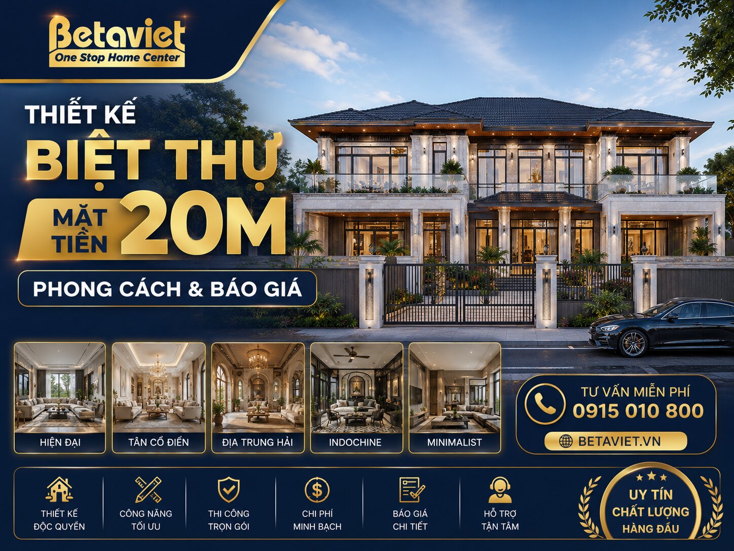 Thiết Kế Biệt Thự Mặt Tiền 20m: Phong Cách & Báo Giá 2026