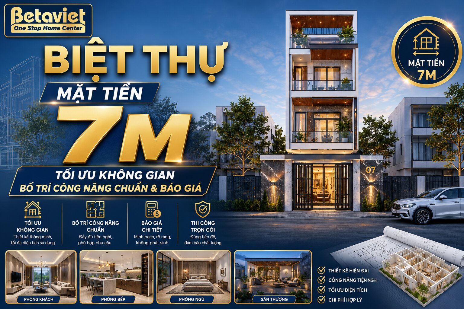 Biệt Thự Mặt Tiền 7m: Tối Ưu Không Gian, Bố Trí Công Năng Chuẩn & Báo Giá 2026
