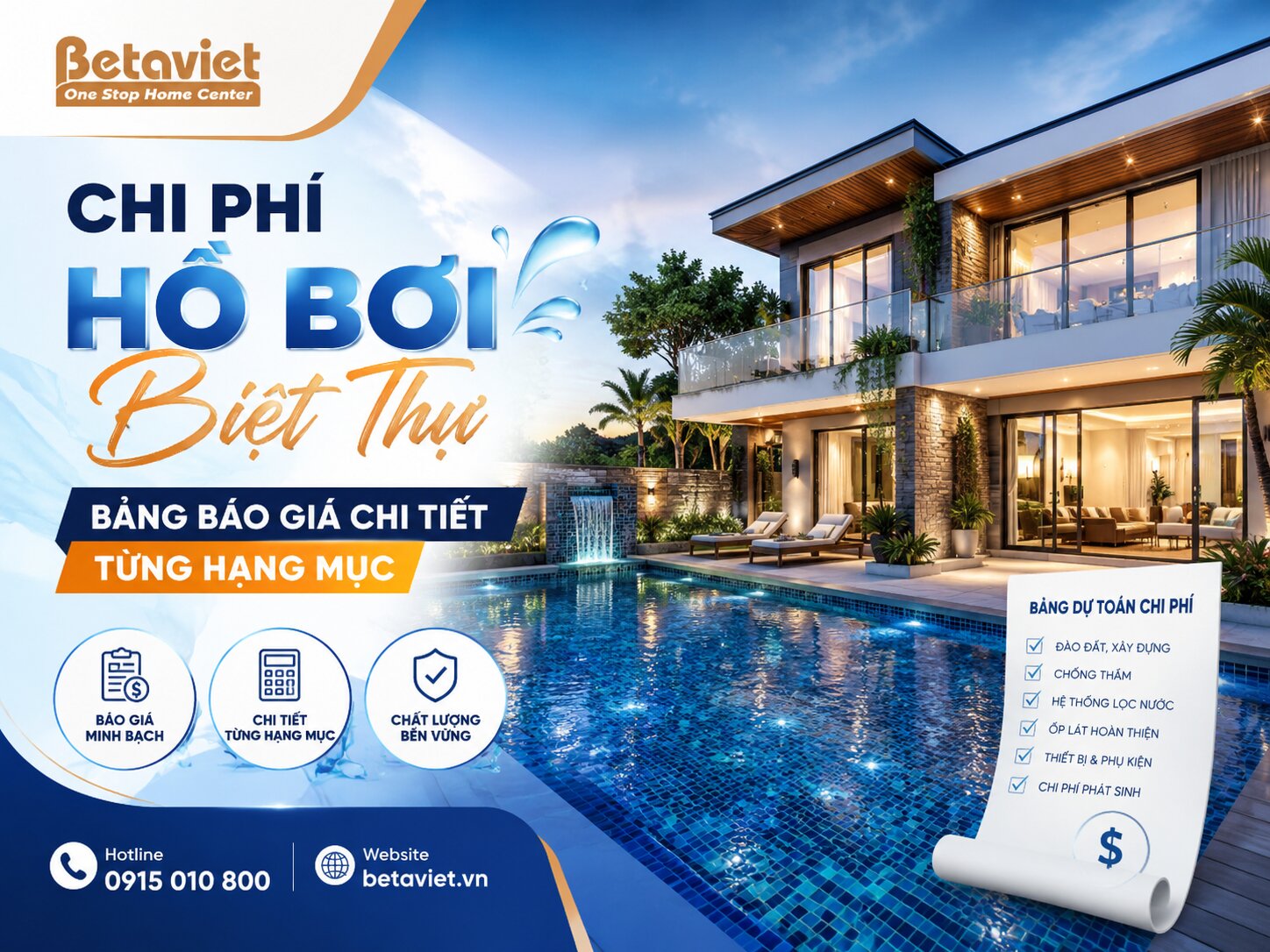 Chi Phí Hồ Bơi Biệt Thự 2026: Bảng Báo Giá Chi Tiết Từng Hạng Mục