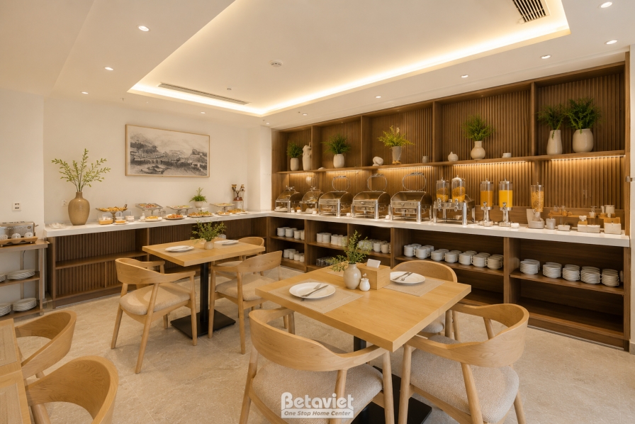 Góc quầy buffet nhỏ ốp gỗ nan dọc, kệ trưng bày ly tách và bình nước trái cây, phía trên treo tranh phong cảnh. Bàn ghế gỗ…