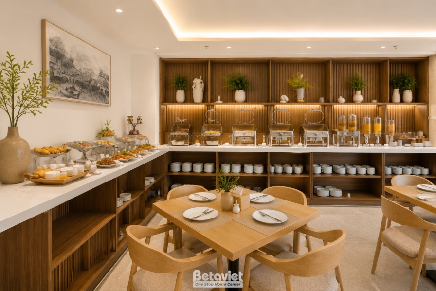 Không gian nhà hàng với dãy quầy buffet dài ốp gỗ nan, kệ trưng thực phẩm và đồ uống nhiều tầng, tranh treo tường phía trê…