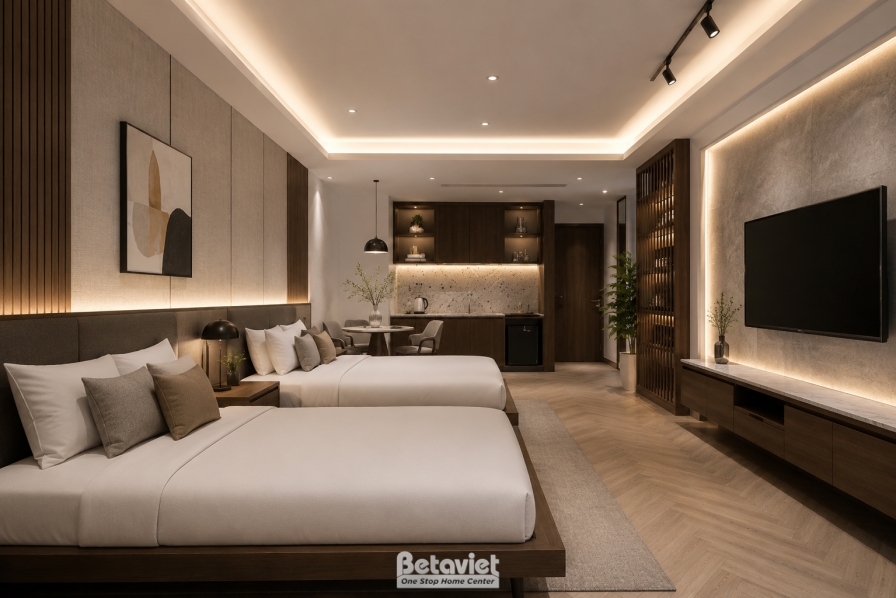 Phòng nghỉ dạng suite với hai giường đơn kê sát vách ốp đá vân tối, kệ bếp nhỏ và tủ lạnh mini phía sau ngăn bởi vách kính…