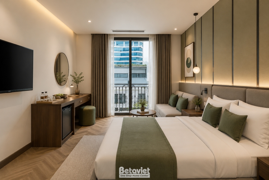 Phòng nghỉ suite với hai giường đơn, gối tựa xanh rêu, khu vực tiếp khách nhỏ sát cửa ban công kính mở ra logia riêng. Tủ…
